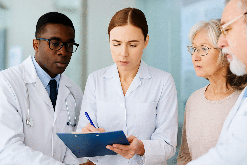 Imagem de um grupo de médicos trabalhando em equipe